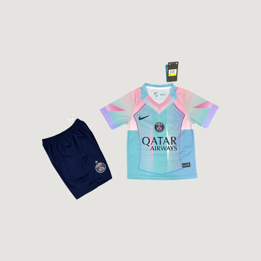 Paris Saint-Germain – Maillot Extérieur Enfant 25/26 – Multicolore & Bleu